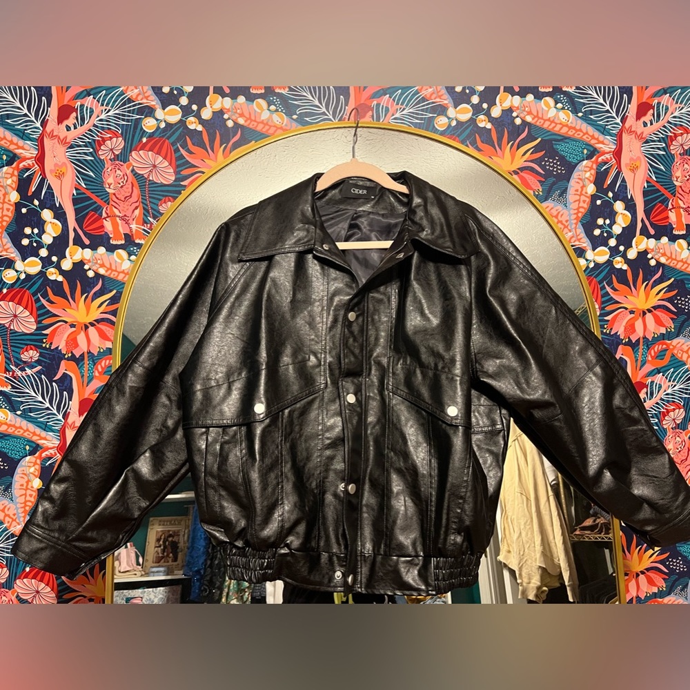 Cider- Faux leather black bomber jacket